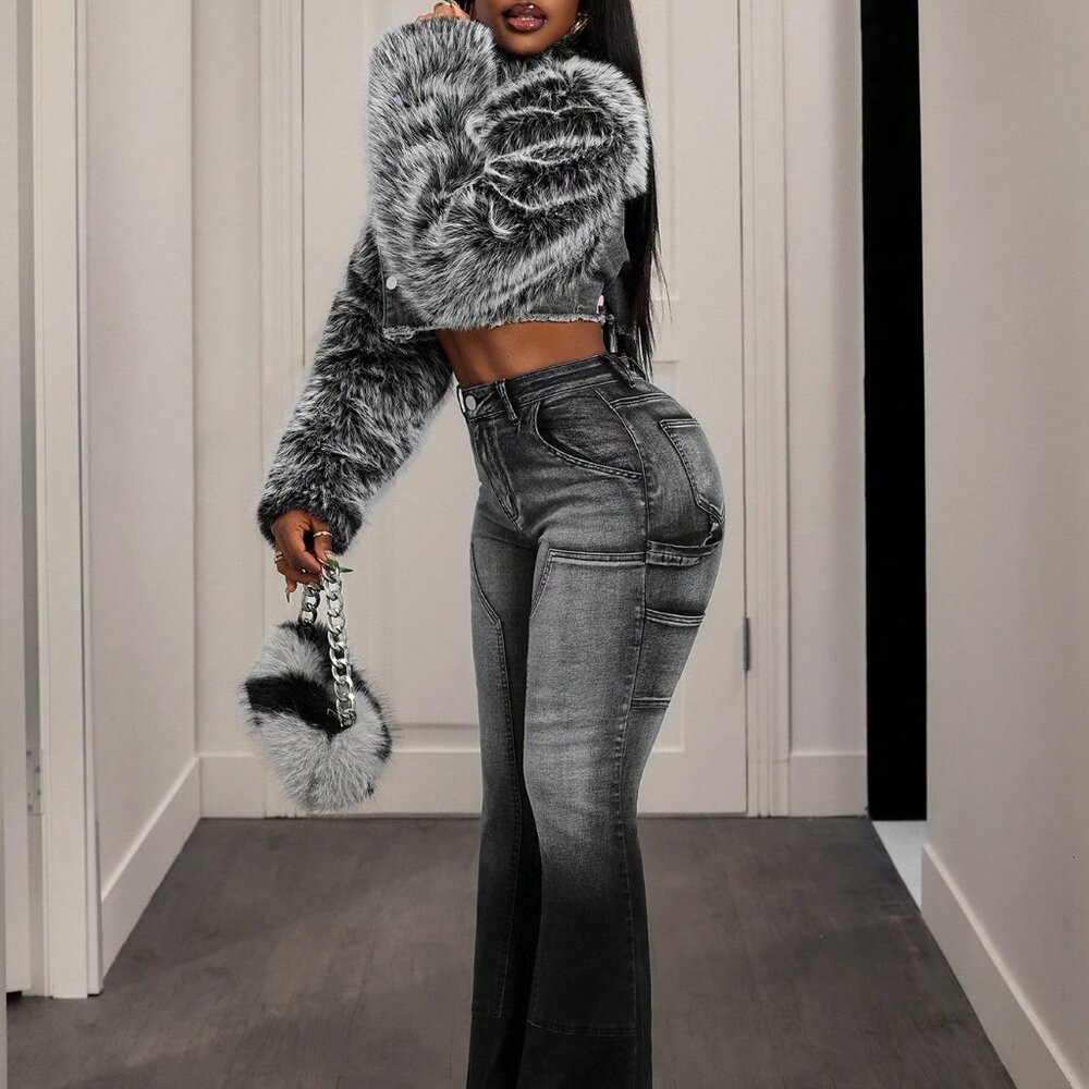 Casual Blue Women's Patchwork Denim Jacket with Faux Fur Collar - Picture 5 of 7